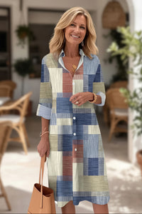 Patchwork Midi Shirt Dress with Button Front