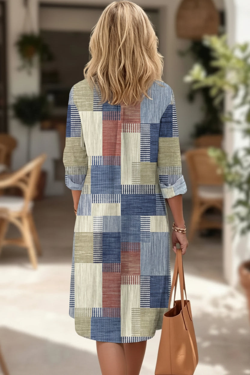 Patchwork Midi Shirt Dress with Button Front
