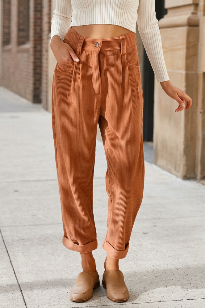 Sidewalk lifestyle image featuring the rust corduroy trousers