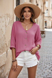 Relaxed V-Neck Button-Up Blouse
