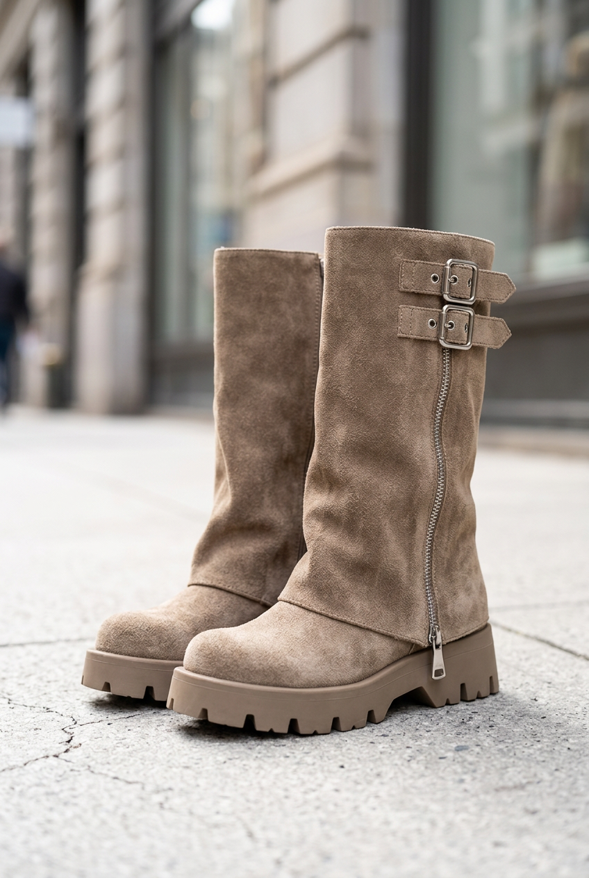 Taupe boot pair on a sidewalk