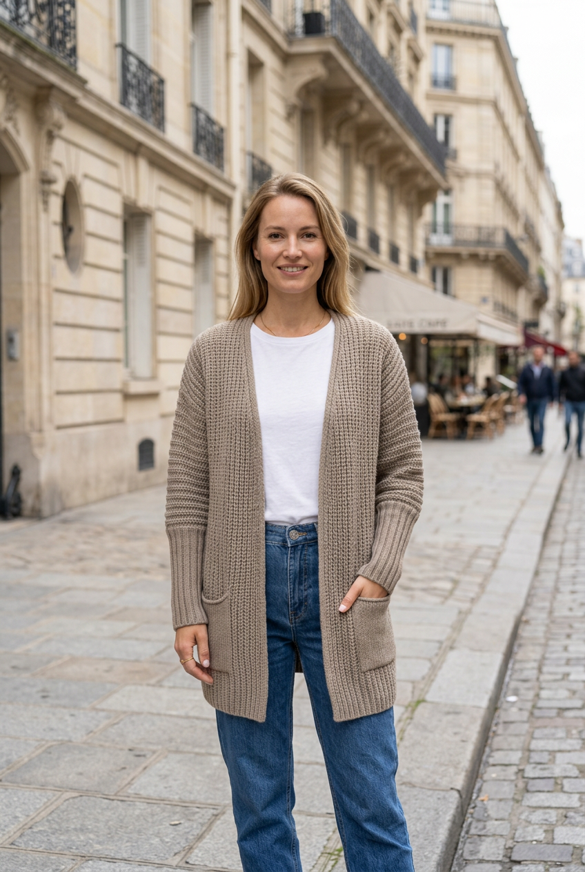 Taupe cardigan sidewalk portrait