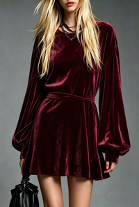 Thea burgundy velvet dress on model in 2:3