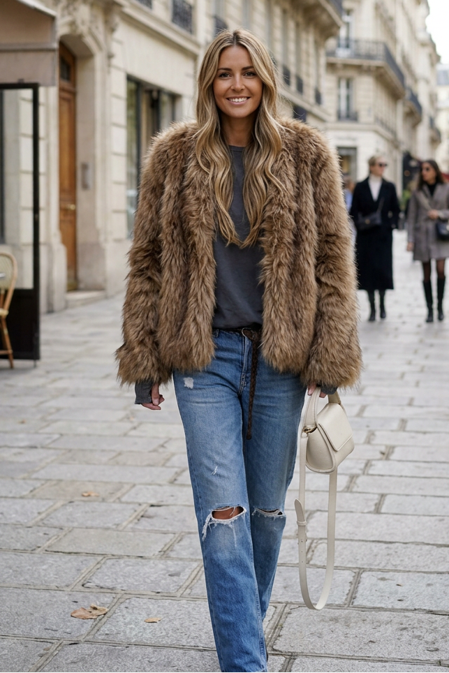 Walking sidewalk portrait wearing the faux-fur coat