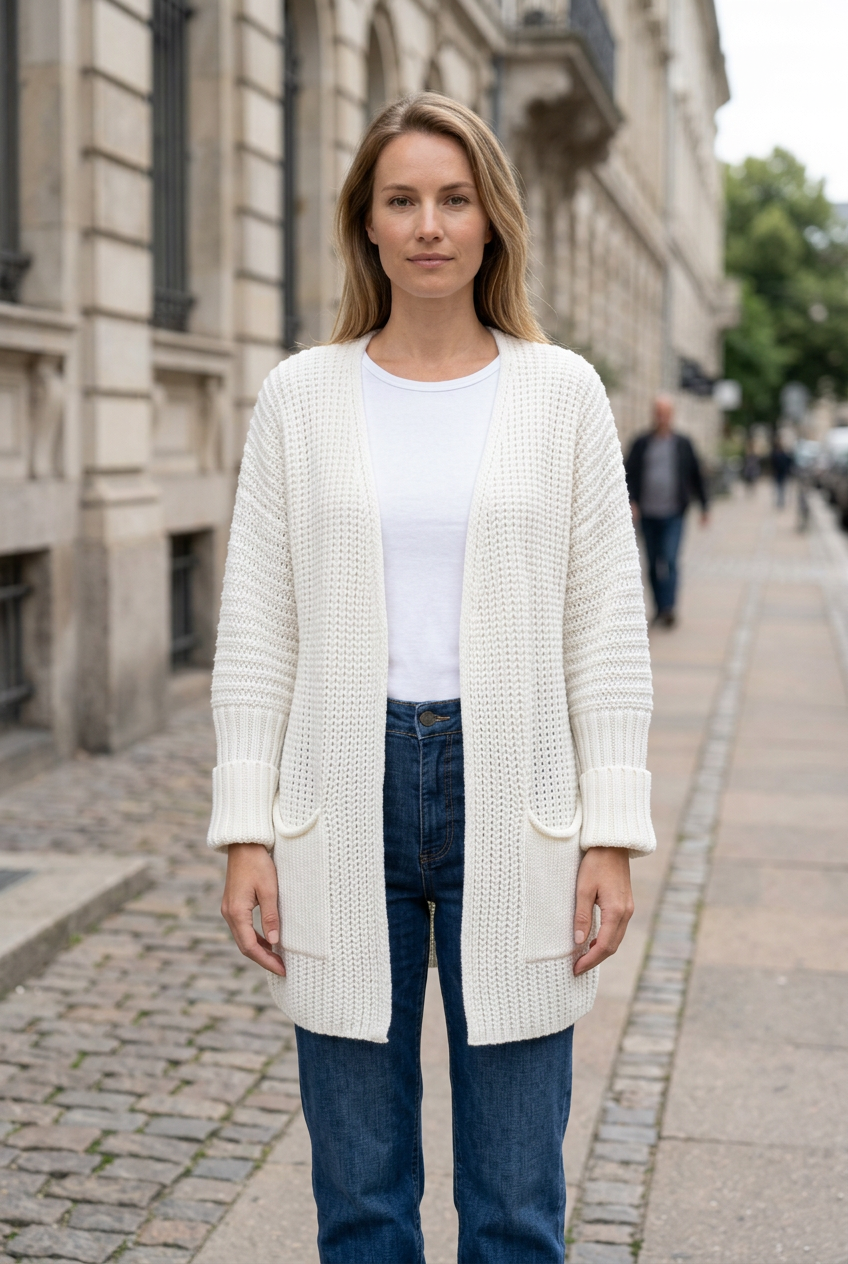 White cardigan sidewalk portrait