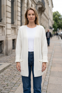 White cardigan sidewalk portrait