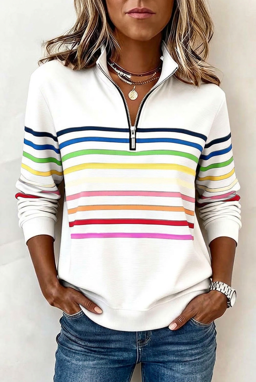 White Isla striped jumper in 2:3 portrait