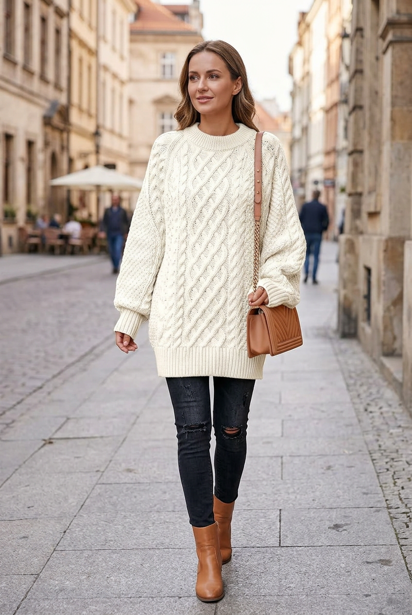 White sweater sidewalk portrait