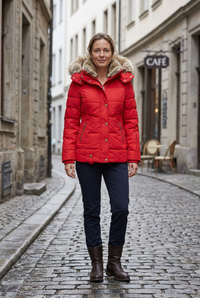 Woman wearing the red Krystle jacket outdoors