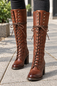 Adjustable Lace-Up Front Knee-High Boots